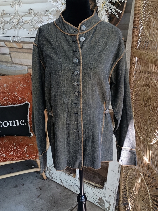 people united Tops - Vintage Tribe Women's Dark Gray Button-Front Jacket Blouse with Tan Trim_M